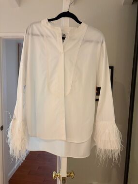 Feather-Cuff White Women's Blouse - Elegant Long-Sleeve Shirt